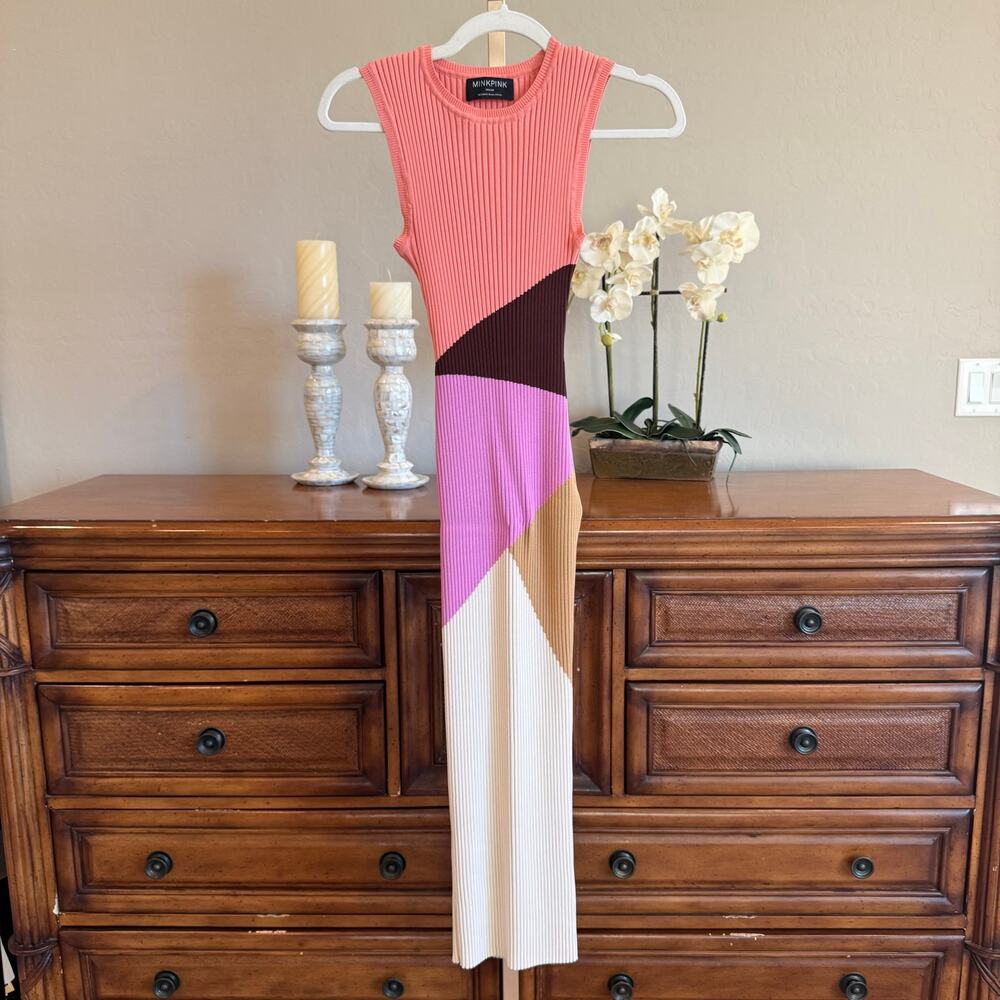 MINKPINK Evie Colorblock Rib Knit Midi Dress Medium - Picture 2 of 9